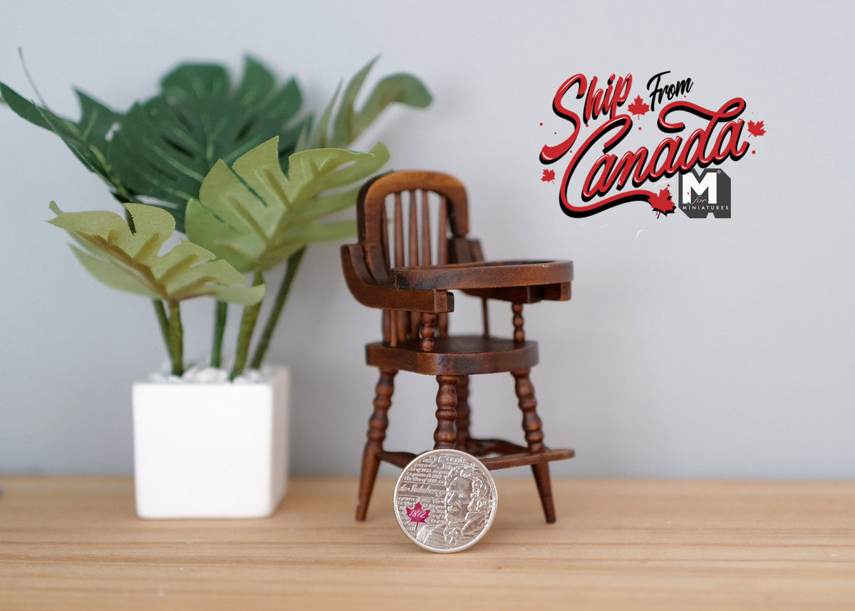 1:12 Scale Miniature Wood High Chair with Tray, 3-7/16 inch tall, DIY Dollhouse Supply (dark brown)