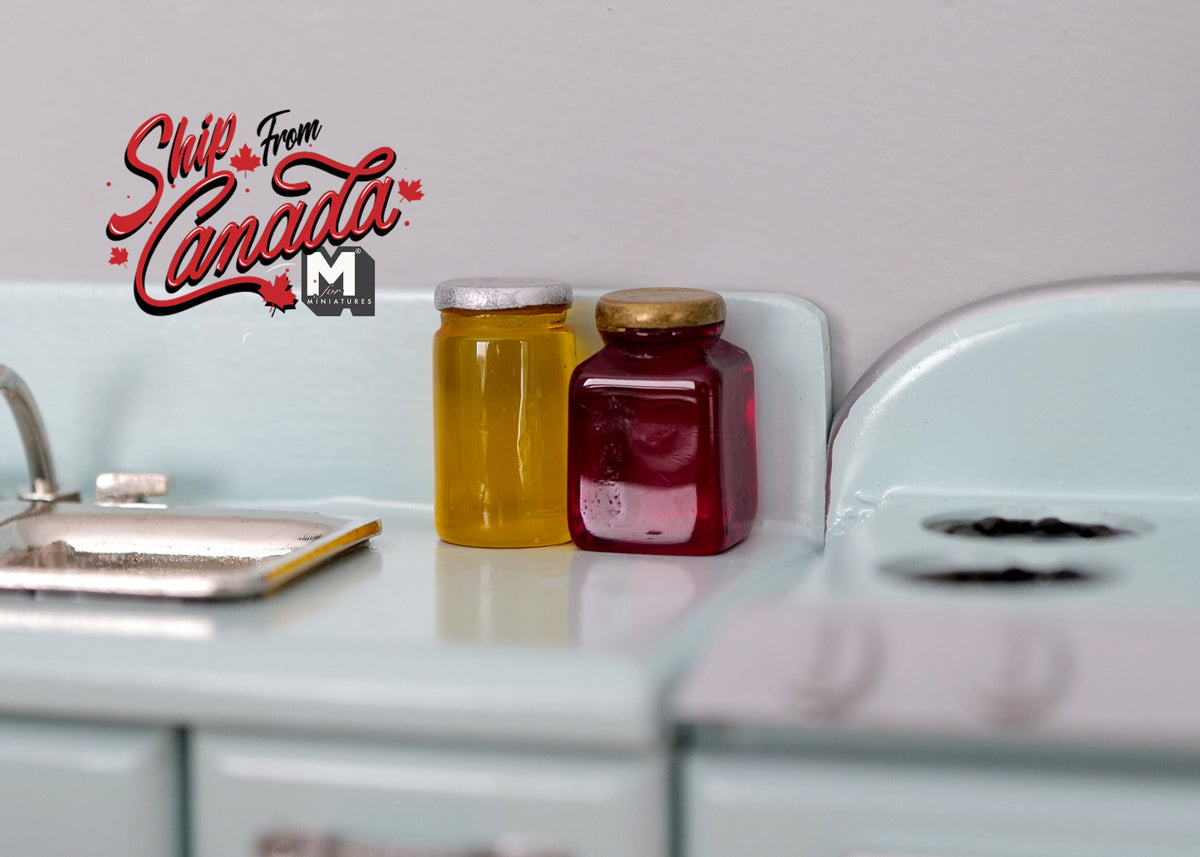 1:12 Scale Miniature Honey and Fruit Jam Jars with Lids, Set of 2, 11/16 inch tall, DIY Dollhouse Supply