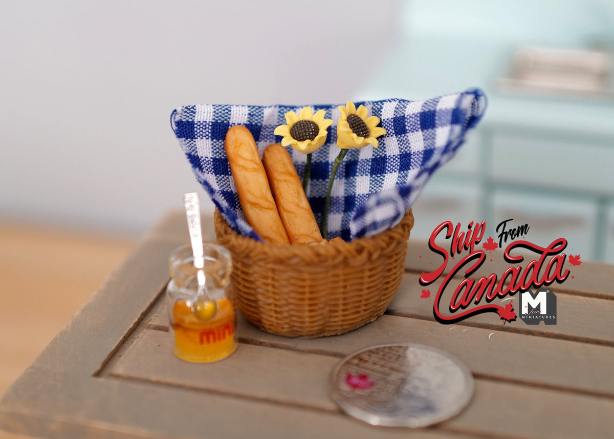 1:12th Dollhouse Supplies miniature breakfast set, Jam, flower and bread on basket 1 12th scale - set of 9 E024