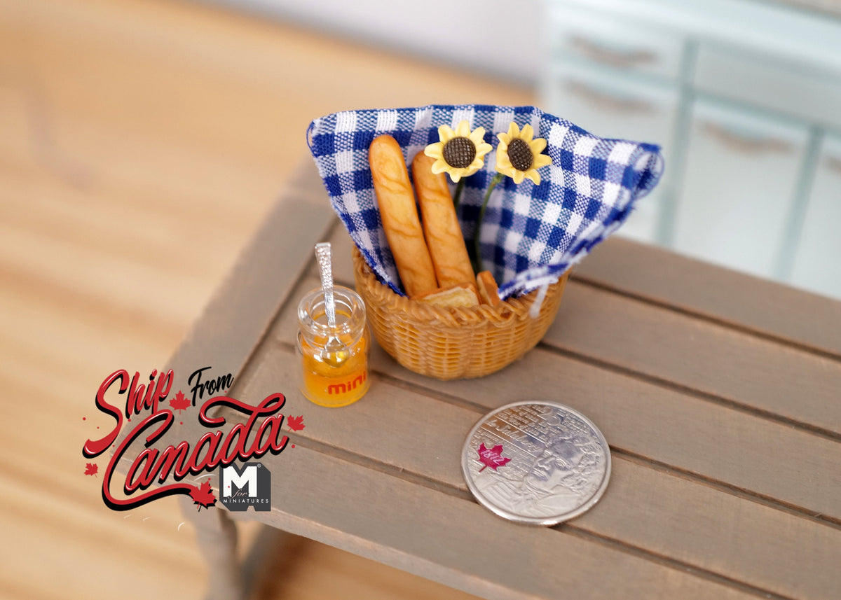 1:12th Dollhouse Supplies miniature breakfast set, Jam, flower and bread on basket 1 12th scale - set of 9 E024