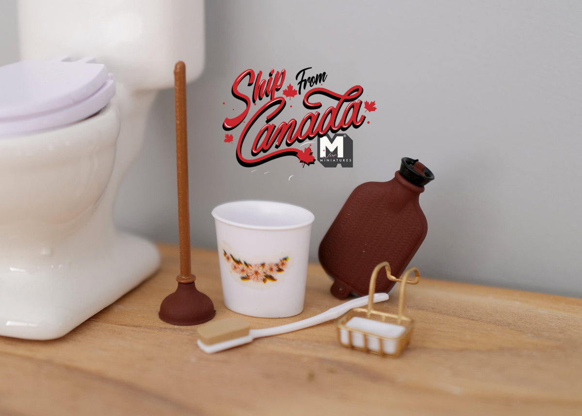 1:12 Scale Miniature Bathroom Accessories, Plunger, Toilet Brush, Soap Rack, Bin and Hot Water Bottle, Set of 5, DIY Dollhouse Supply