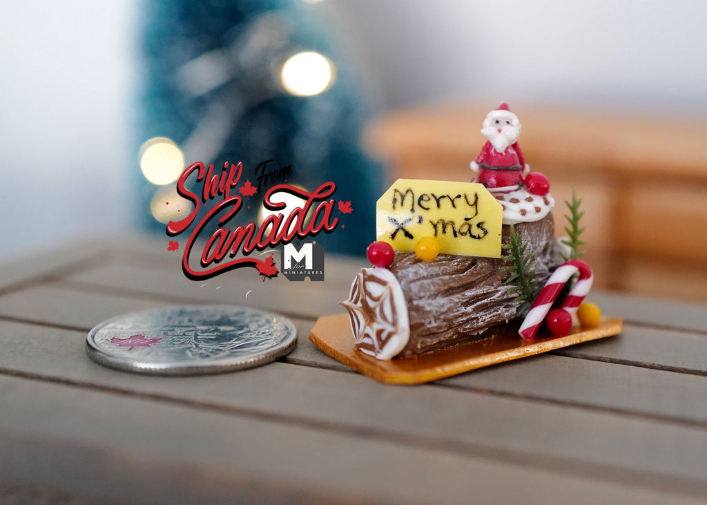 1:12 Scale Miniature Christmas Yule Log Cake with Santa Figure, 1-5/16 inch long, DIY Dollhouse Supply