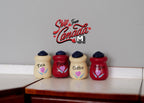 1:12 scale miniature red and white kitchen canister set of 4 with closed tops, tea and coffee labels and heart motifs