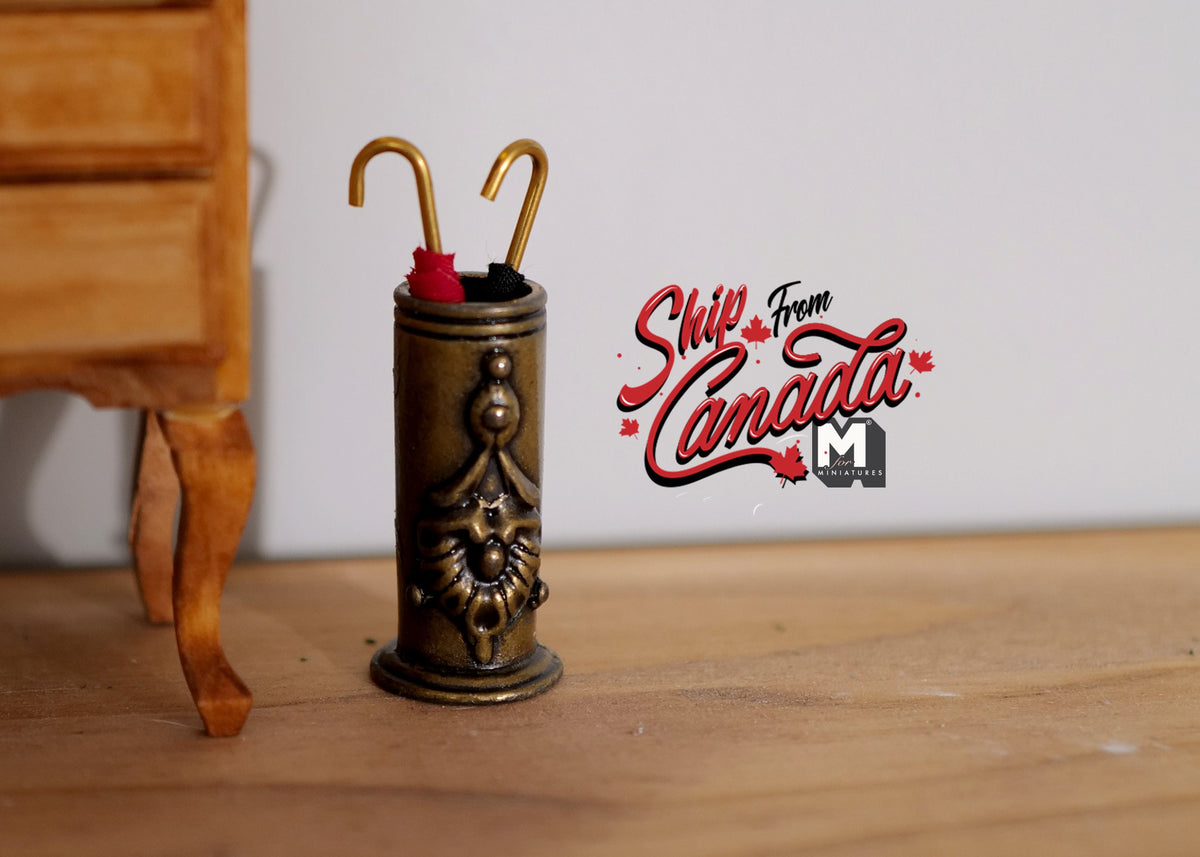 1:12 Scale Miniature Umbrella Stand with 2 Umbrellas, 1-1/2 inch tall, DIY Dollhouse Supply
