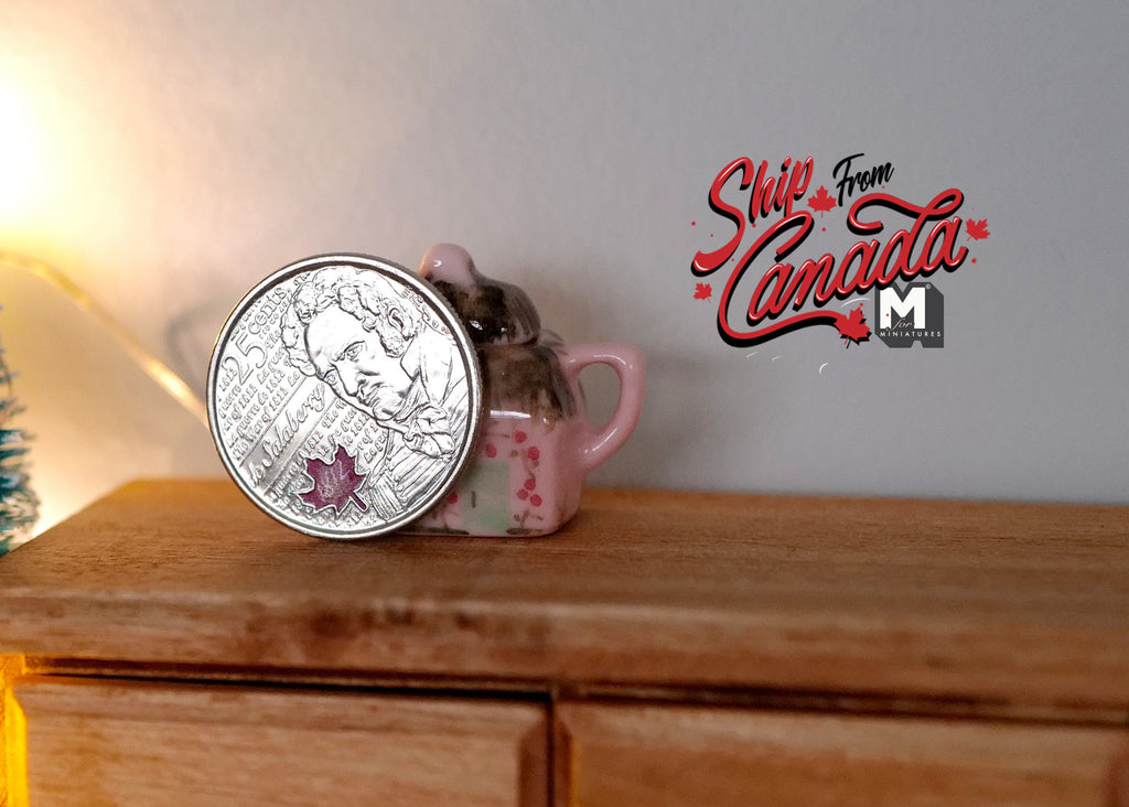 1:12 Scale Miniature Ceramic Teapot with Lid, Floral Decoration, 1 inch tall, DIY Dollhouse Supply (pink)