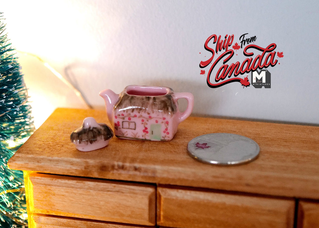 1:12 Scale Miniature Ceramic Teapot with Lid, Floral Decoration, 1 inch tall, DIY Dollhouse Supply (pink)