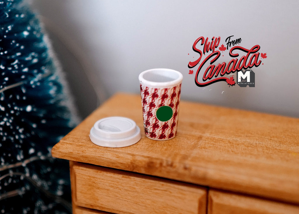 1:6 Scale Miniature Coffee Cup with Gingham Sleeve and Lid, 7/8 inch tall, DIY Dollhouse Supply (red and white)