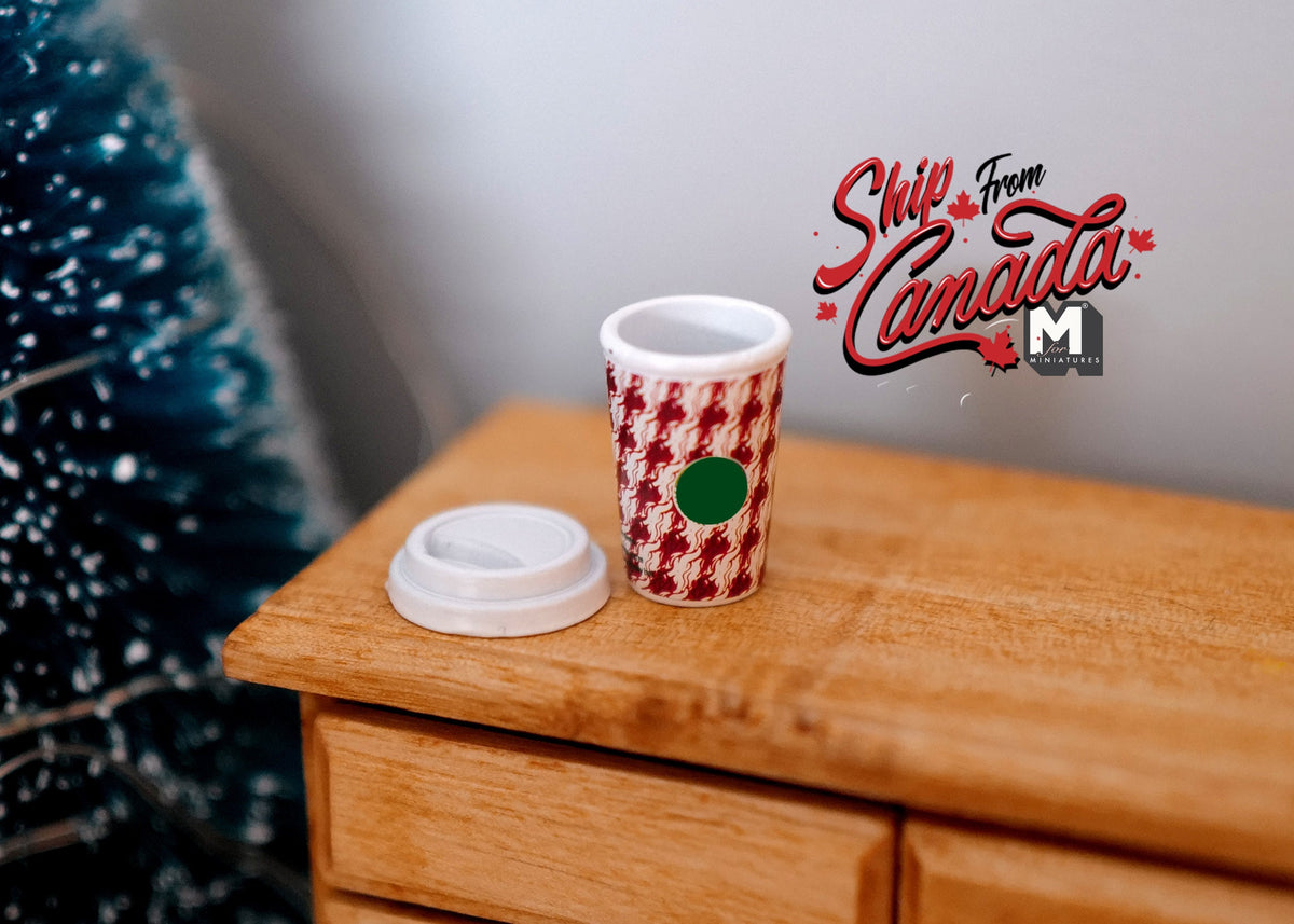 1:6 Scale Miniature Coffee Cup with Gingham Sleeve and Lid, 7/8 inch tall, DIY Dollhouse Supply (red and white)
