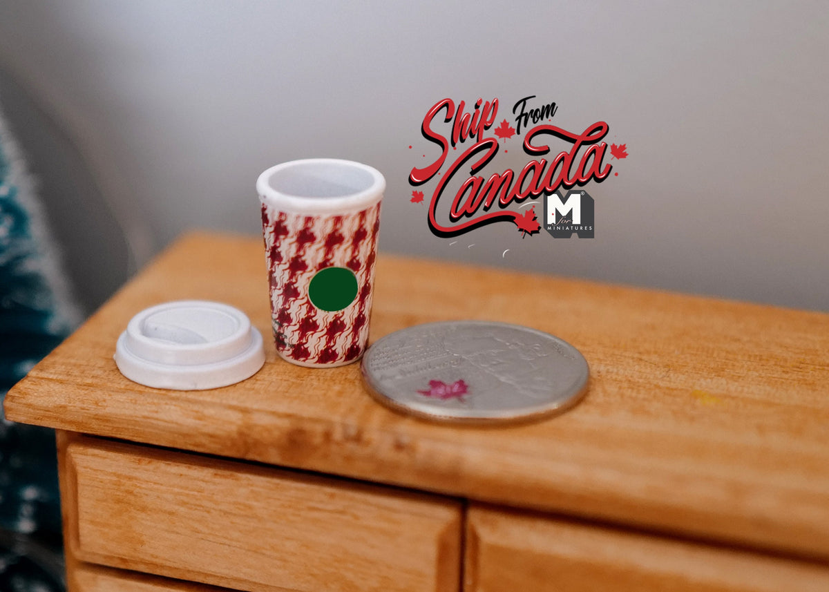 1:6 Scale Miniature Coffee Cup with Gingham Sleeve and Lid, 7/8 inch tall, DIY Dollhouse Supply (red and white)