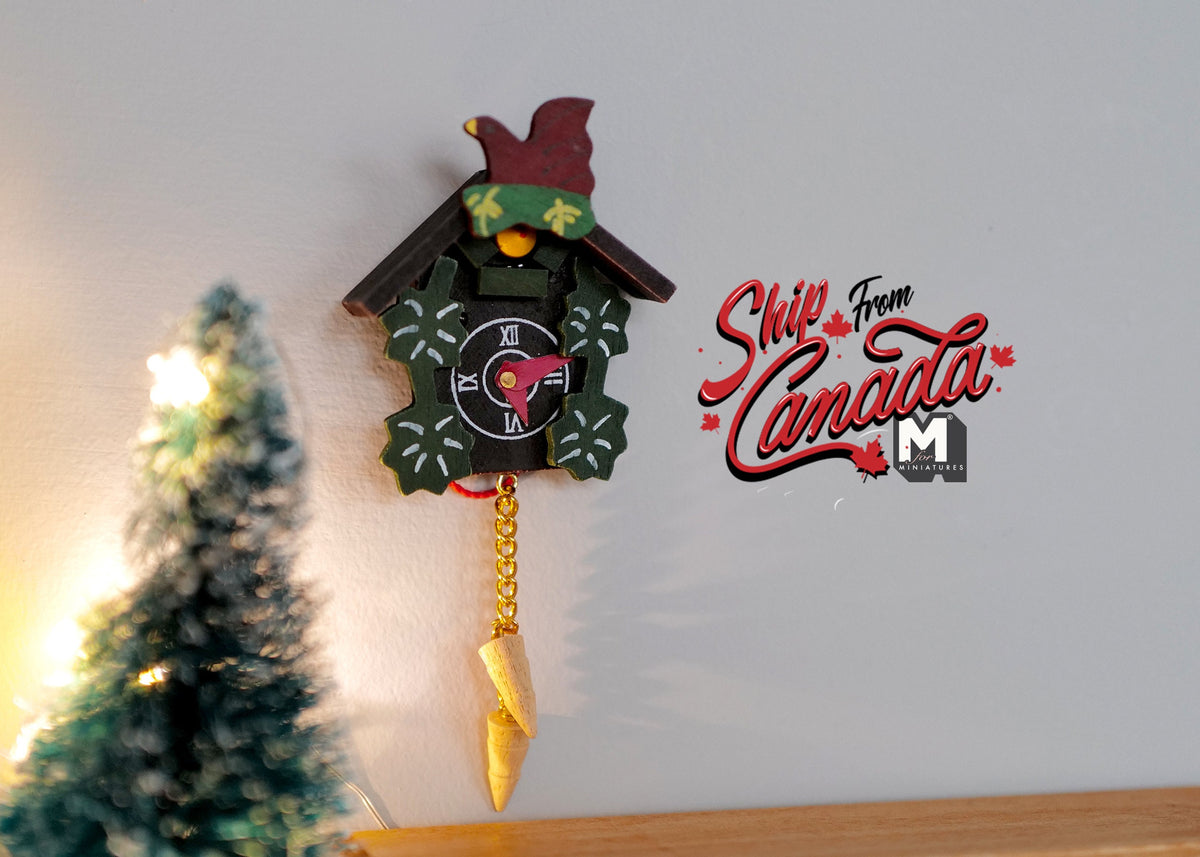 1:12 Scale Miniature Wood Cuckoo Wall Clock, Pinecone Weights, 2-3/4 inch tall, DIY Dollhouse Supply (black)