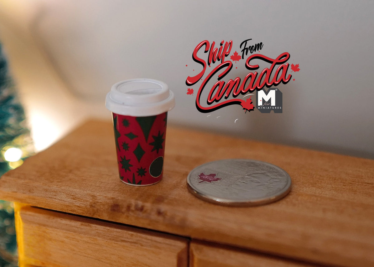 1:6 Scale Miniature Christmas Coffee Cup with Sleeve and Lid, 7/8 inch tall, DIY Dollhouse Supply (red)