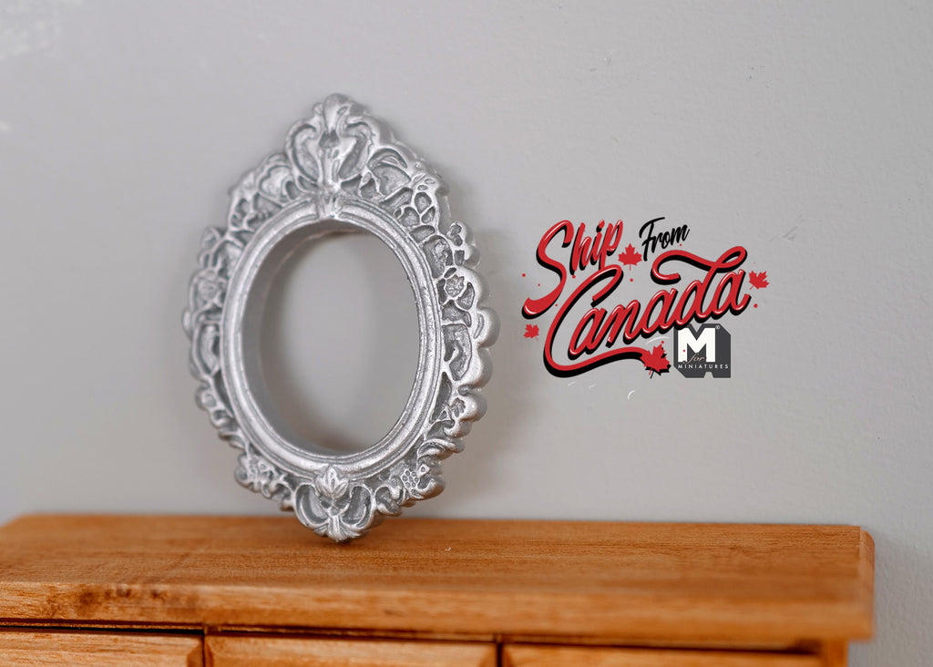 1:12 Scale Miniature Ornate Oval Photo Frame, 2-13/16 inch tall, DIY Dollhouse Supply (silver) (large)