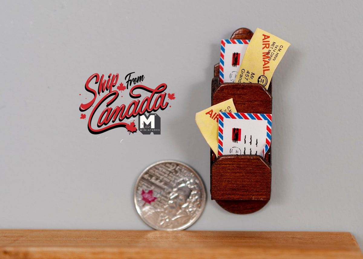 1:12 Scale Miniature Wood Wall Mail Holder with Letters, 2-3/8 inch tall, DIY Dollhouse Supply (dark brown)