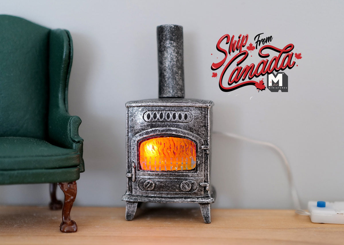 1:12 Scale Miniature Wood Burning Stove Fireplace with LED Fire Light, 4 inch tall, DIY Dollhouse Supply (gray)