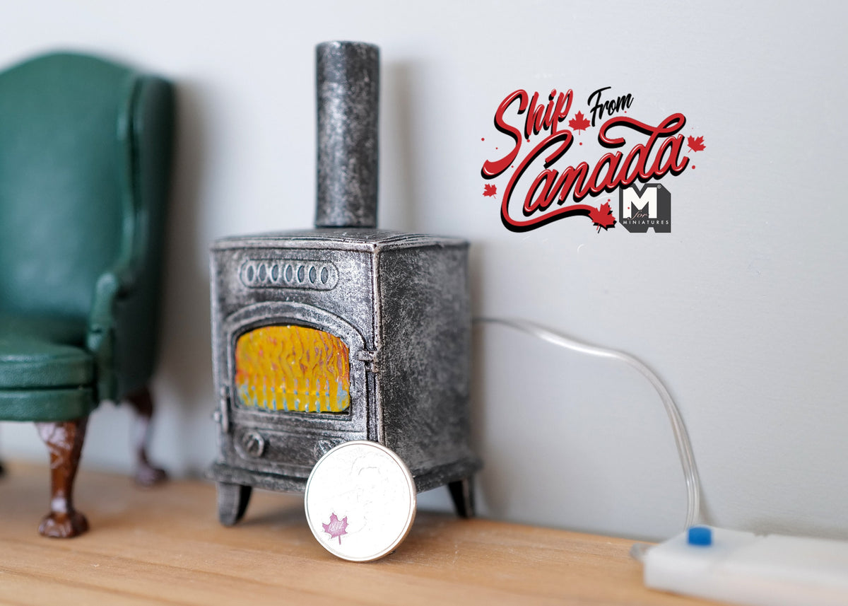 1:12 Scale Miniature Wood Burning Stove Fireplace with LED Fire Light, 4 inch tall, DIY Dollhouse Supply (gray)