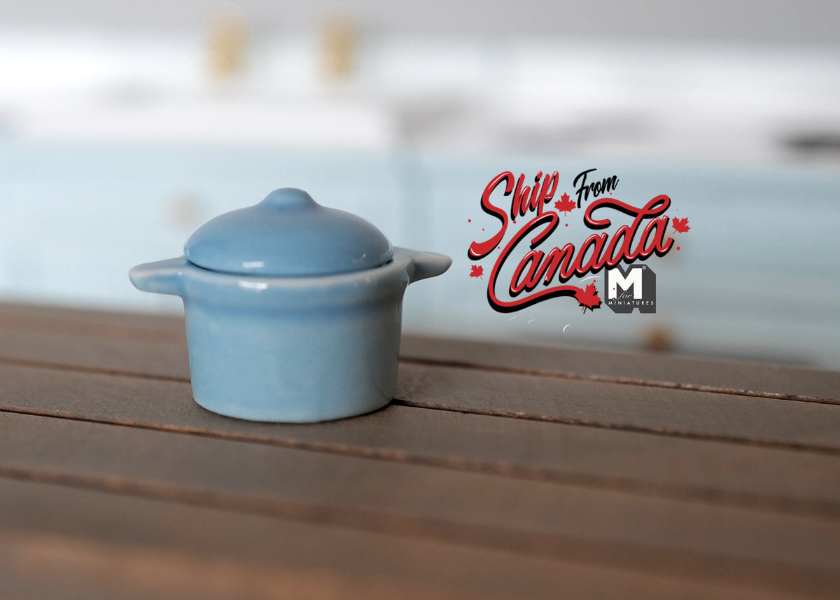 1:12 Scale Miniature Ceramic Cooking Pot with Lid, 2 Side Handles, 13/16 inch tall, DIY Dollhouse Supply (light blue)