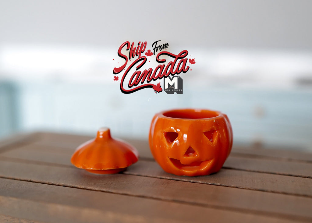 1:12 Scale Miniature Ceramic Pumpkin Face Jar with Lid, 1-3/16 inch tall, DIY Dollhouse Supply