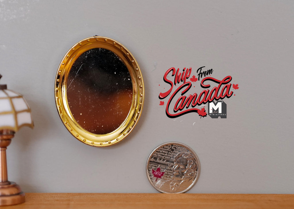 1:12 Scale Miniature Oval Wall Mirror with Frame, 1-7/8 inch tall, DIY Dollhouse Supply (gold)