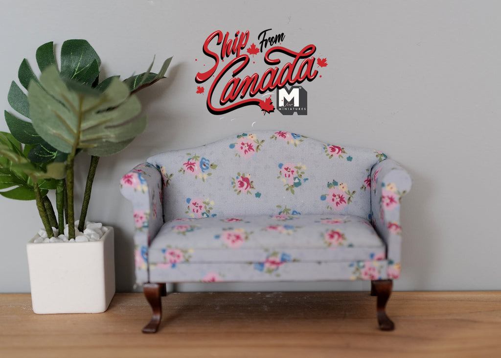1:12 Scale Miniature Upholstered Lawson Sofa, 2 Seat, Floral Print with Pink Roses, 5-1/8 inch long, DIY Dollhouse Supply (light blue)