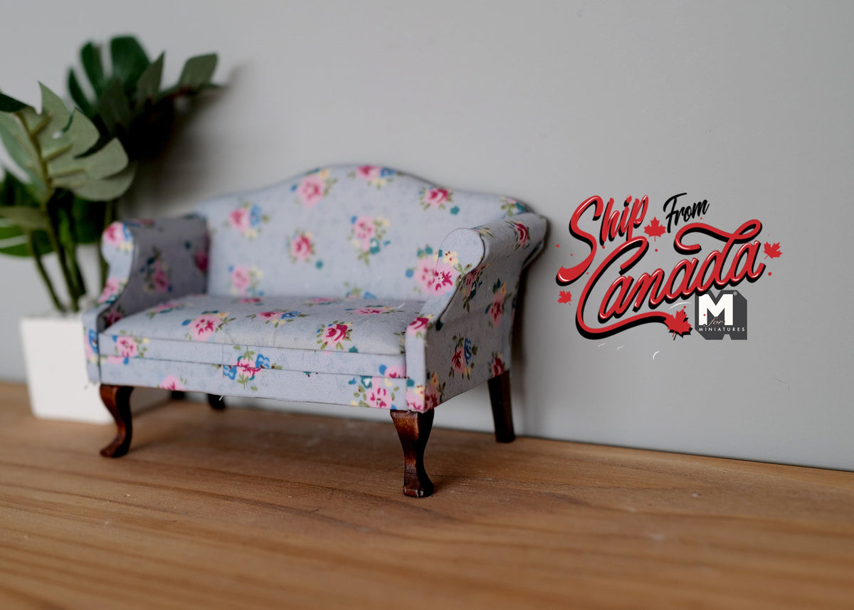 1:12 Scale Miniature Upholstered Lawson Sofa, 2 Seat, Floral Print with Pink Roses, 5-1/8 inch long, DIY Dollhouse Supply (light blue)