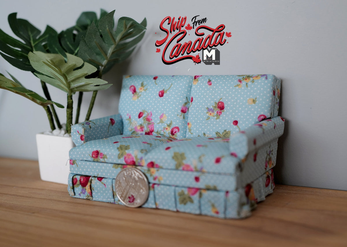 1:12 Scale Miniature Upholstered Loveseat, Floral Print with Pink Roses, 6-3/16 inch long, DIY Dollhouse Supply (light blue)