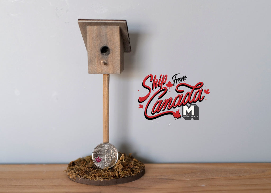 1:12 Scale Miniature Wood Birdhouse on Post with Round Base, 5-1/2 inch tall, DIY Dollhouse Supply