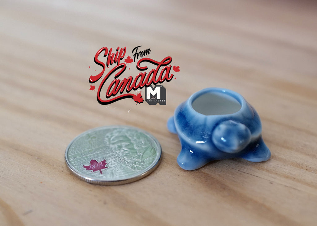 1:12 Scale Miniature Ceramic Turtle Planter Pot, 1-3/16 inch wide, DIY Dollhouse Supply (blue)