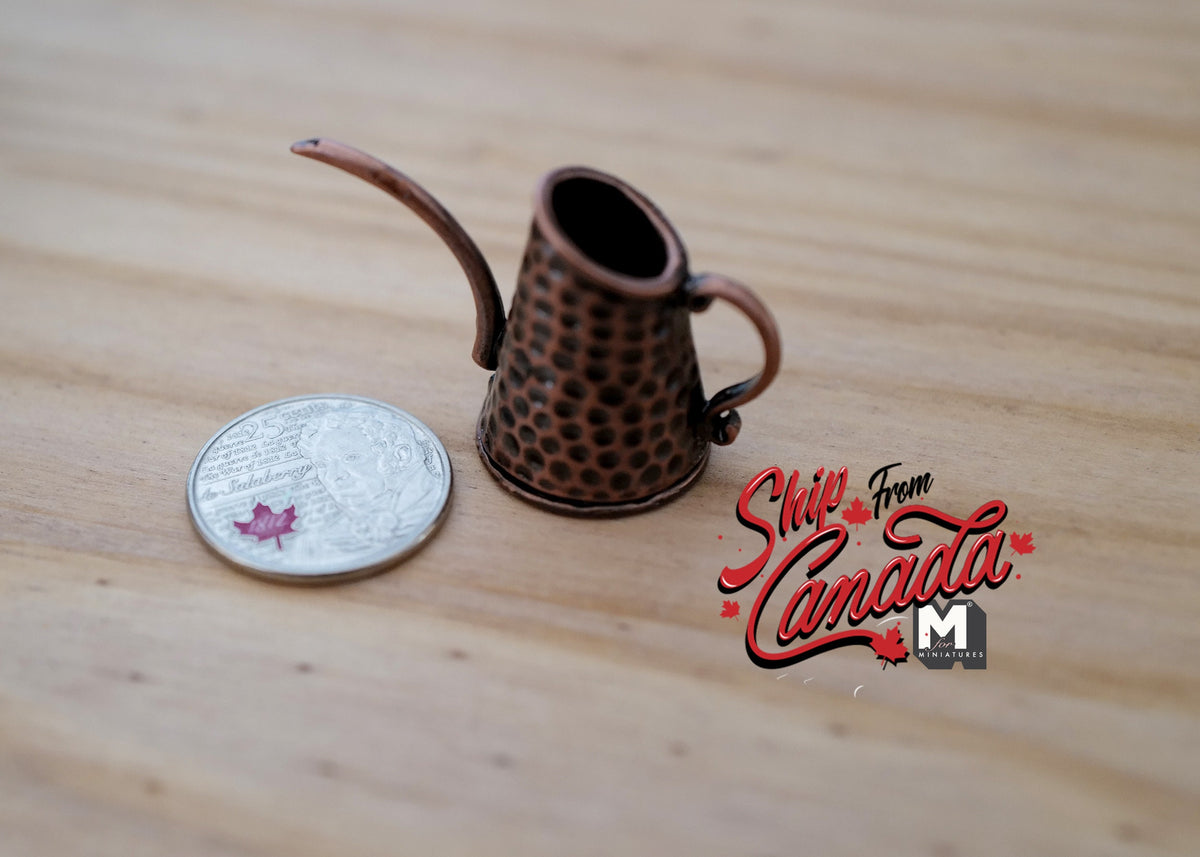 1:12 Scale Miniature Textured Metal Watering Can with Long Spout, 1 inch tall, DIY Dollhouse Supply (bronze)