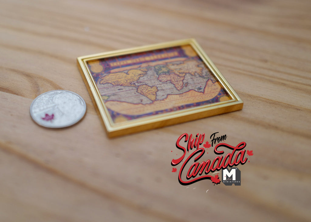 1:12 Scale Miniature Antique World Map in Metal Frame, 2-3/8 inch tall, DIY Dollhouse Supply (gold)