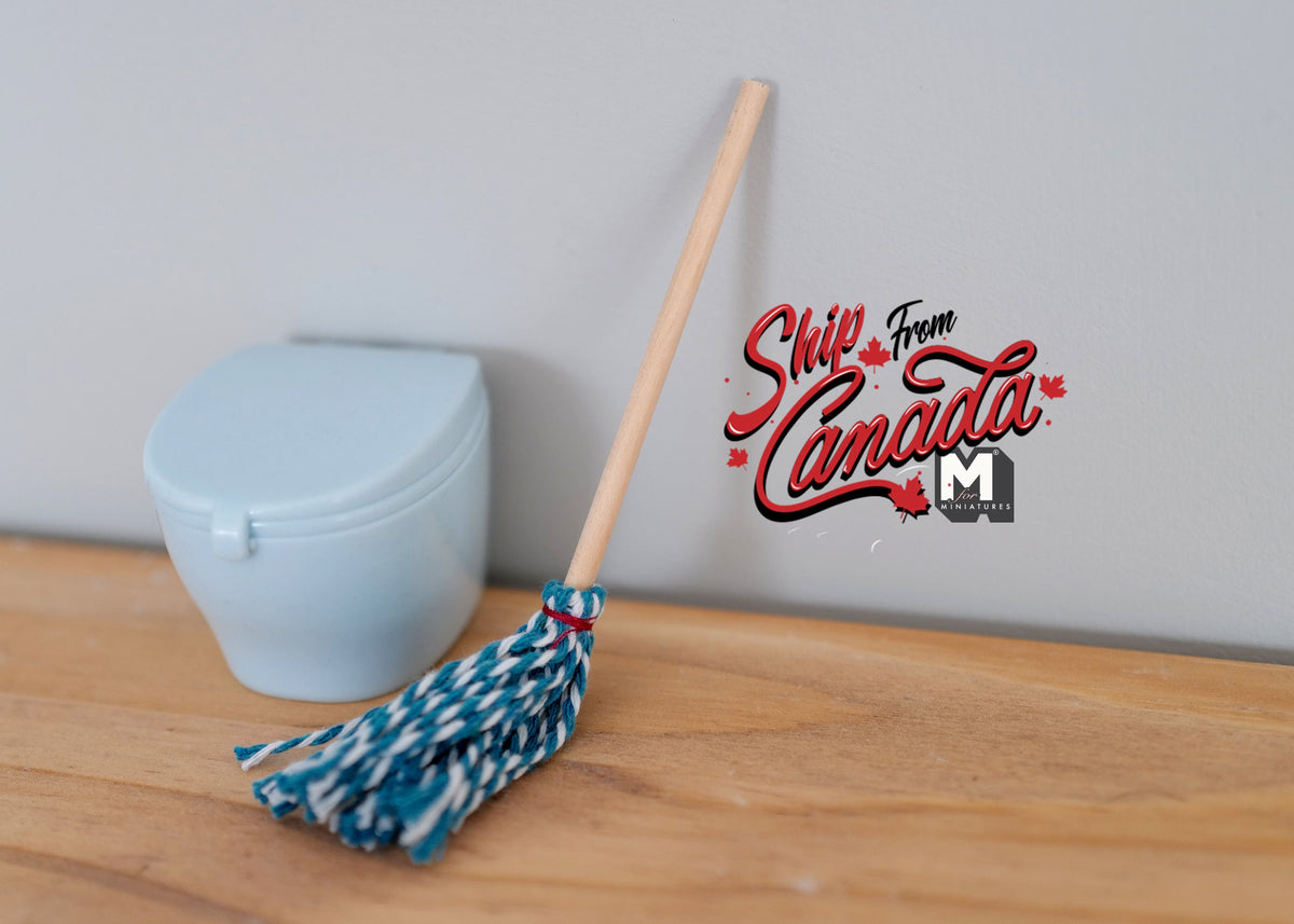 1:12 Scale Miniature Kitchen Mop with Wood Handle, 5-1/8 inch tall, DIY Dollhouse Supply (blue and white)
