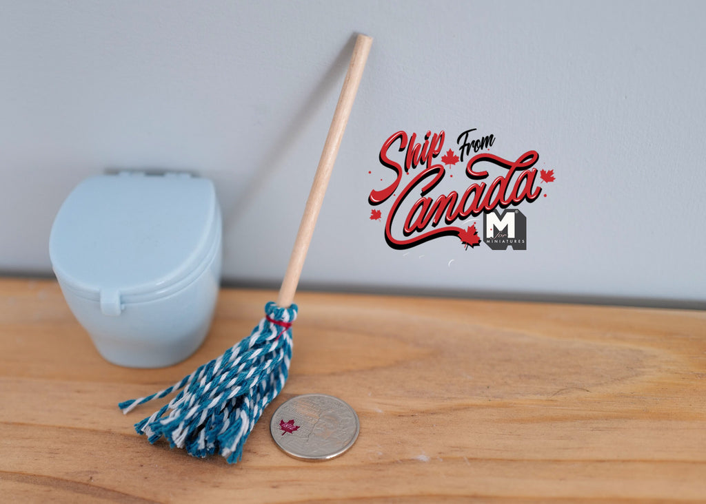 1:12 Scale Miniature Kitchen Mop with Wood Handle, 5-1/8 inch tall, DIY Dollhouse Supply (blue and white)
