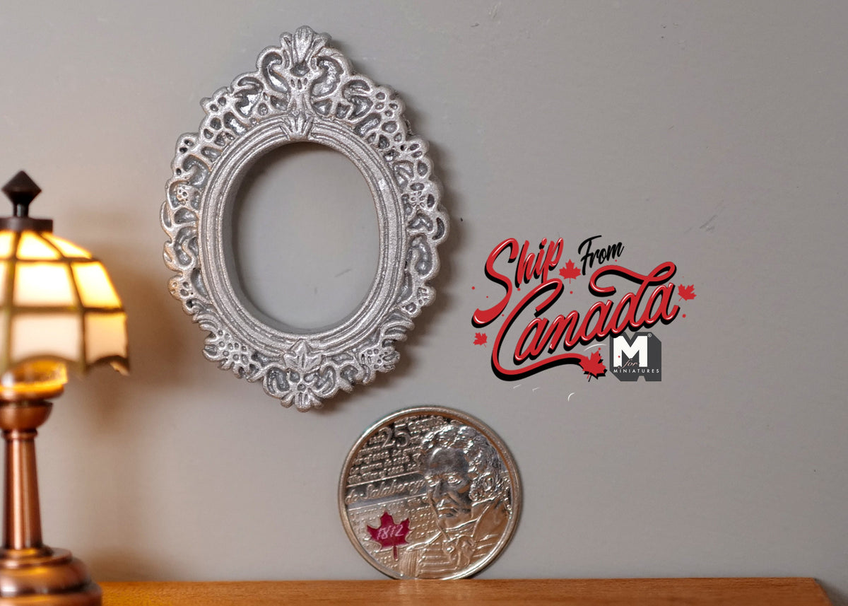 1:12 Scale Miniature Ornate Oval Photo Frame, 1-15/16 inch tall, DIY Dollhouse Supply (silver) (small)