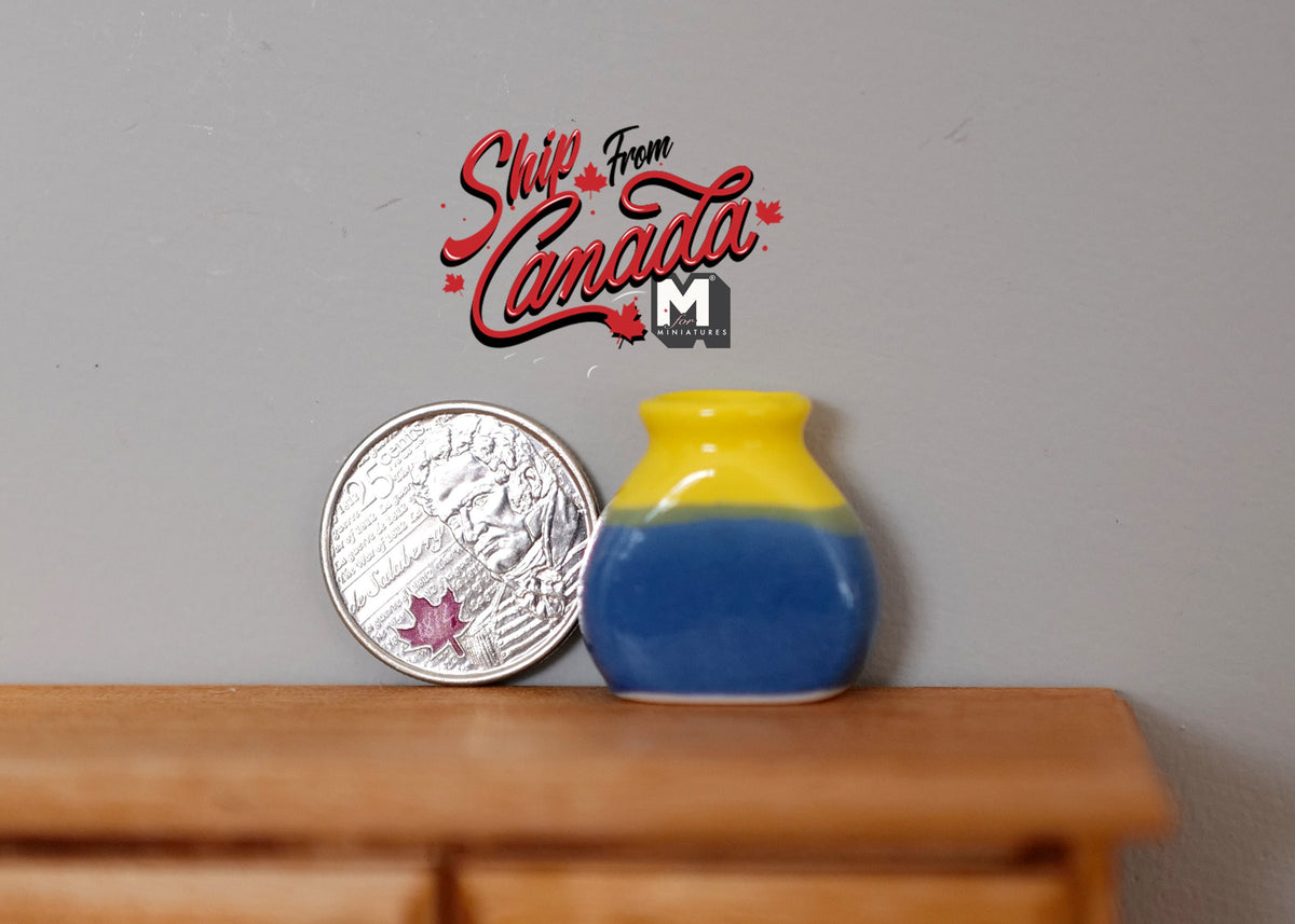 1:12 Scale Miniature Ceramic Plum Vase, Yellow and Blue Glaze, 1 inch tall, DIY Dollhouse Supply