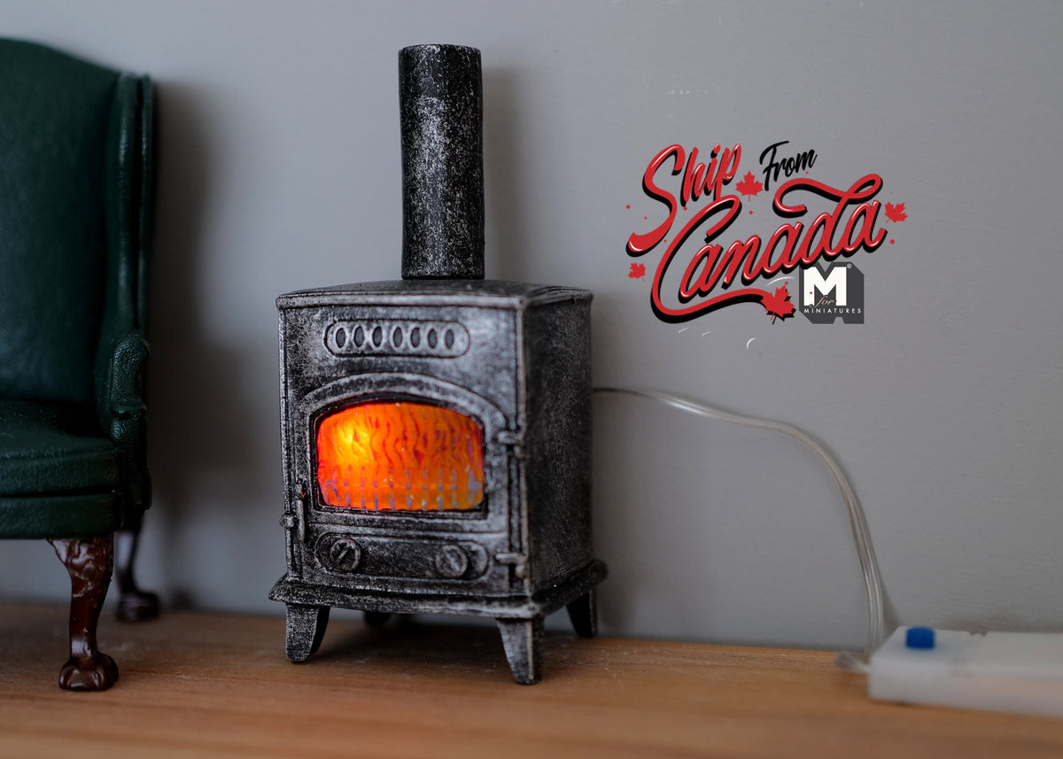 1:12 Scale Miniature Wood Burning Stove Fireplace with LED Fire Light, 4 inch tall, DIY Dollhouse Supply (gray)
