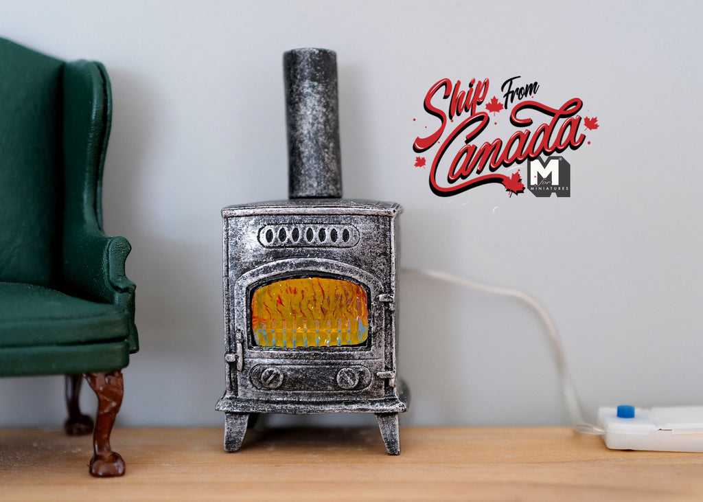 1:12 Scale Miniature Wood Burning Stove Fireplace with LED Fire Light, 4 inch tall, DIY Dollhouse Supply (gray)