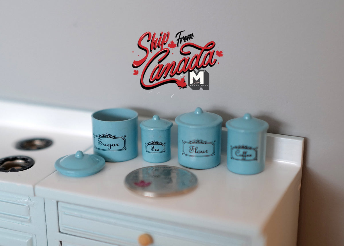 1:12 Scale Miniature Kitchen Canisters with Lids, Set of 4, 9/16 to 11/16 inch tall, DIY Dollhouse Supply (blue)