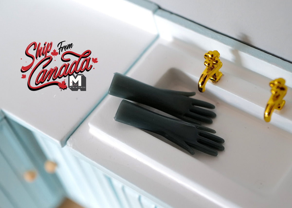 1:12 scale miniature dish washing gloves in dark green, 1 pair, shown in a white kitchen sink with gold taps