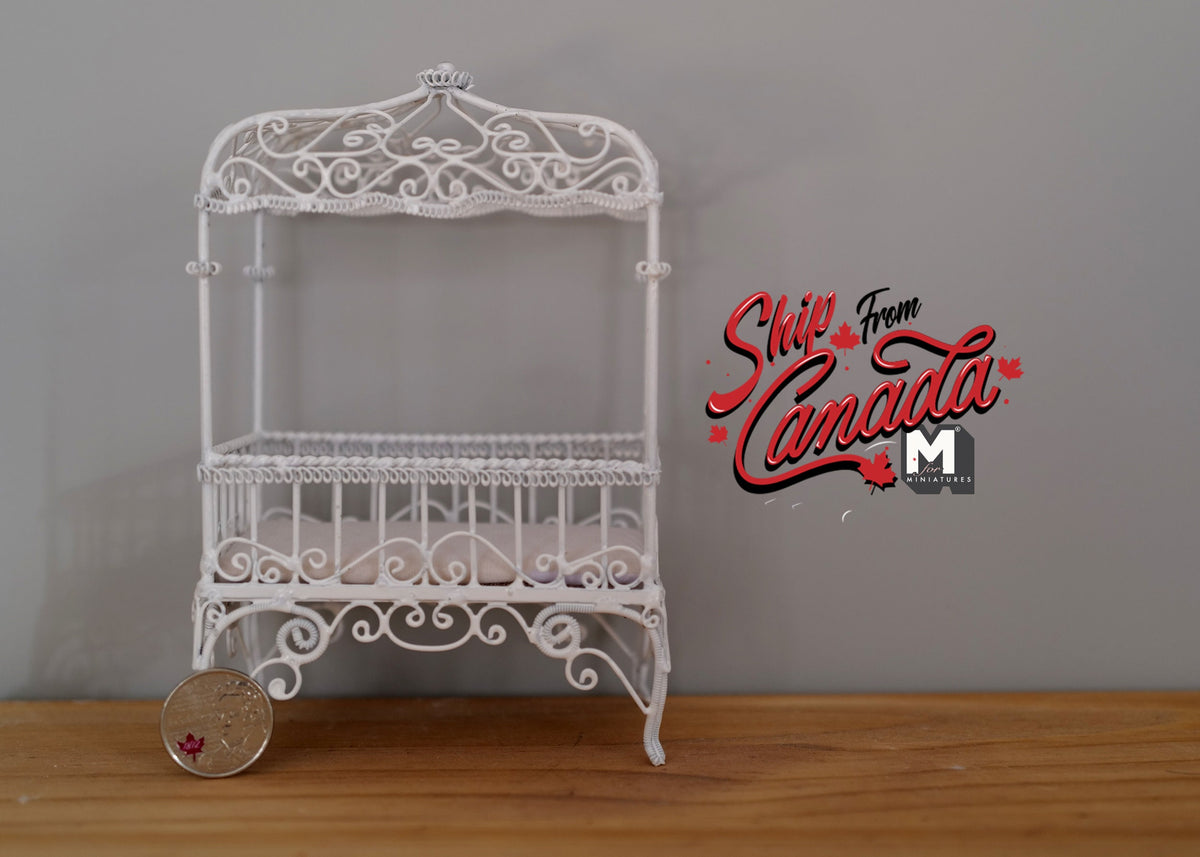 1:12 Scale Miniature Metal Baby Crib with Scroll Canopy, 5-7/8 inch tall, DIY Dollhouse Supply (white)