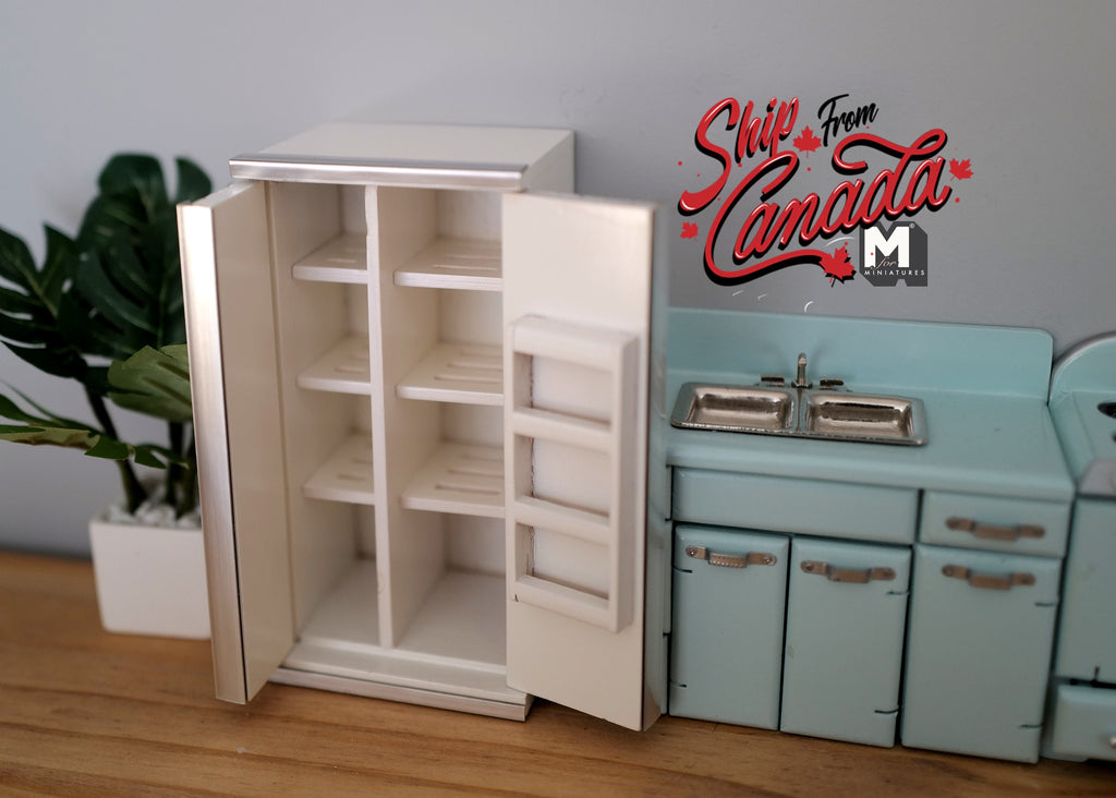 1:12 Scale Miniature Wood Side by Side Refrigerator, 2 Doors, 8 Shelves, 5-3/8 inch tall, DIY Dollhouse Supply (white)