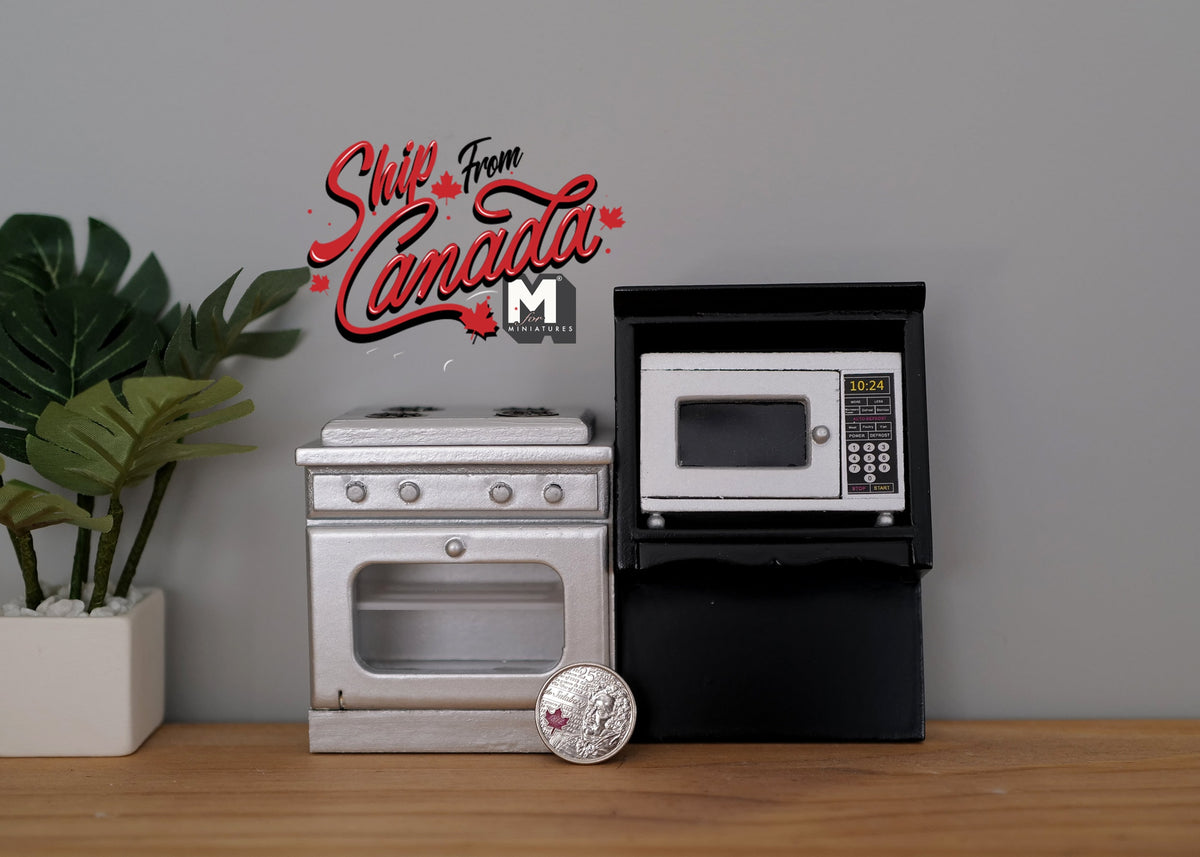 1:12 Scale Miniature Kitchen Stove, Tall Cabinet and Microwave Set, Set of 3, 4-1/8 inch tall, DIY Dollhouse Supply (white and black)