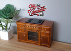 Maßstab 1:12 Miniatur-Küchenherd aus Holz, 4 Kochstellen, Backofen, 4 Schubladen, 2 Türen, 2-15/16 inch hoch, DIY-Puppenhausbedarf (honigbraun)