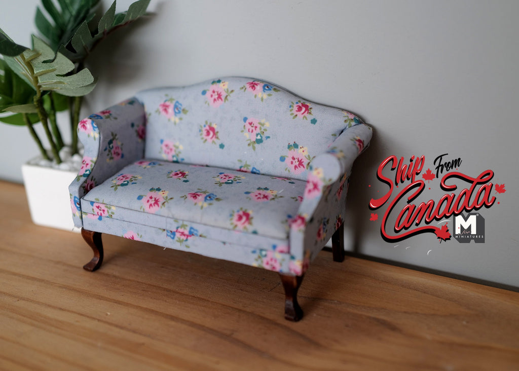 1:12 Scale Miniature Upholstered Lawson Sofa, 2 Seat, Floral Print with Pink Roses, 5-1/8 inch long, DIY Dollhouse Supply (light blue)