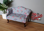 1:12 Scale Miniature Upholstered Lawson Sofa, 2 Seat, Floral Print with Pink Roses, 5-1/8 inch long, DIY Dollhouse Supply (light blue)