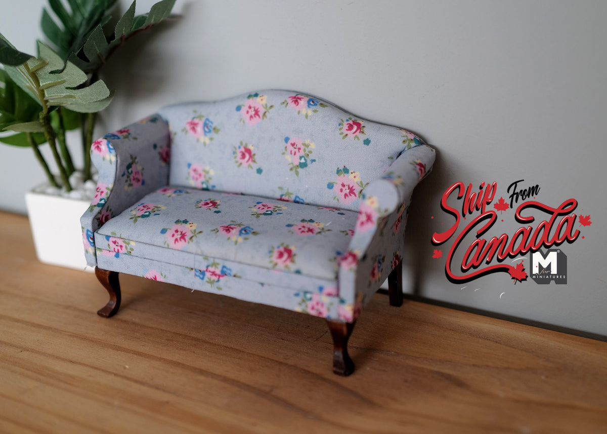 1:12 Scale Miniature Upholstered Lawson Sofa, 2 Seat, Floral Print with Pink Roses, 5-1/8 inch long, DIY Dollhouse Supply (light blue)
