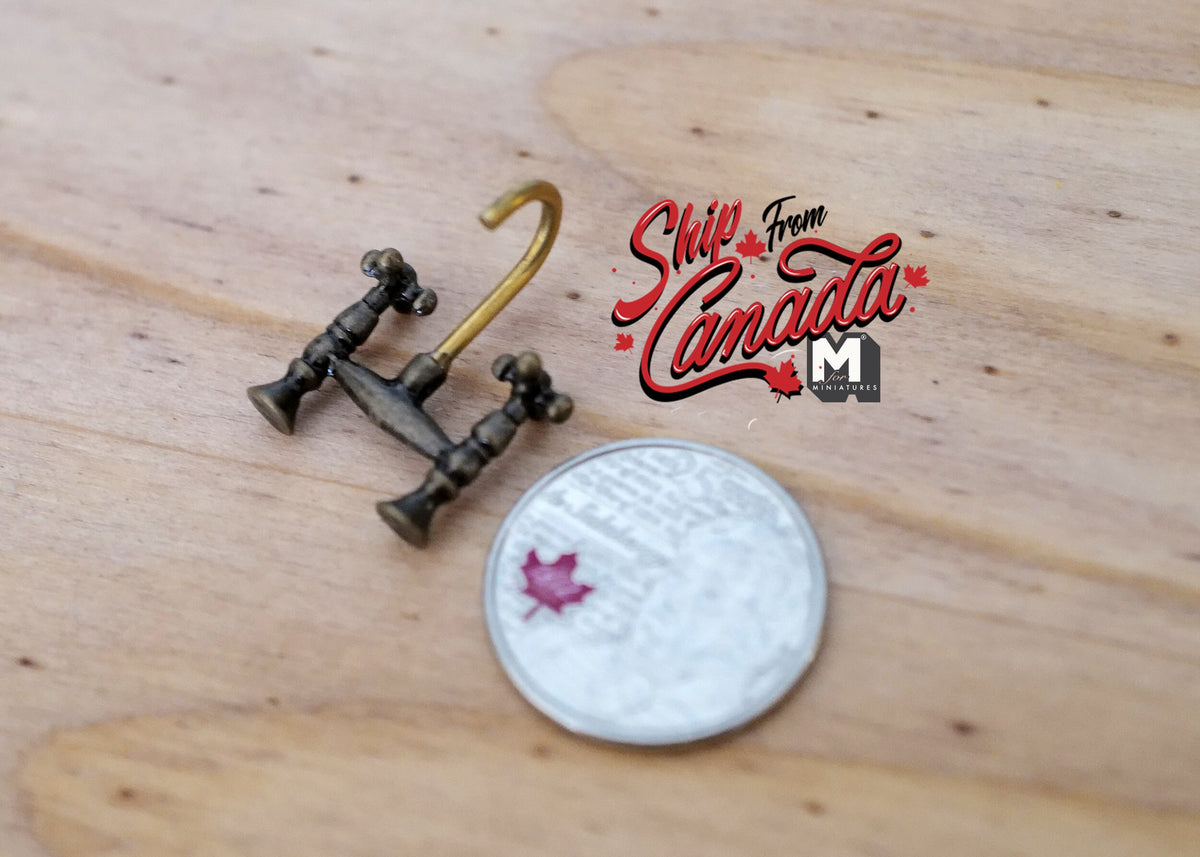 1:12 Scale Miniature Bridge Mixer Tap with Cross Handles, 1 inch tall, DIY Dollhouse Supply (antique brass)