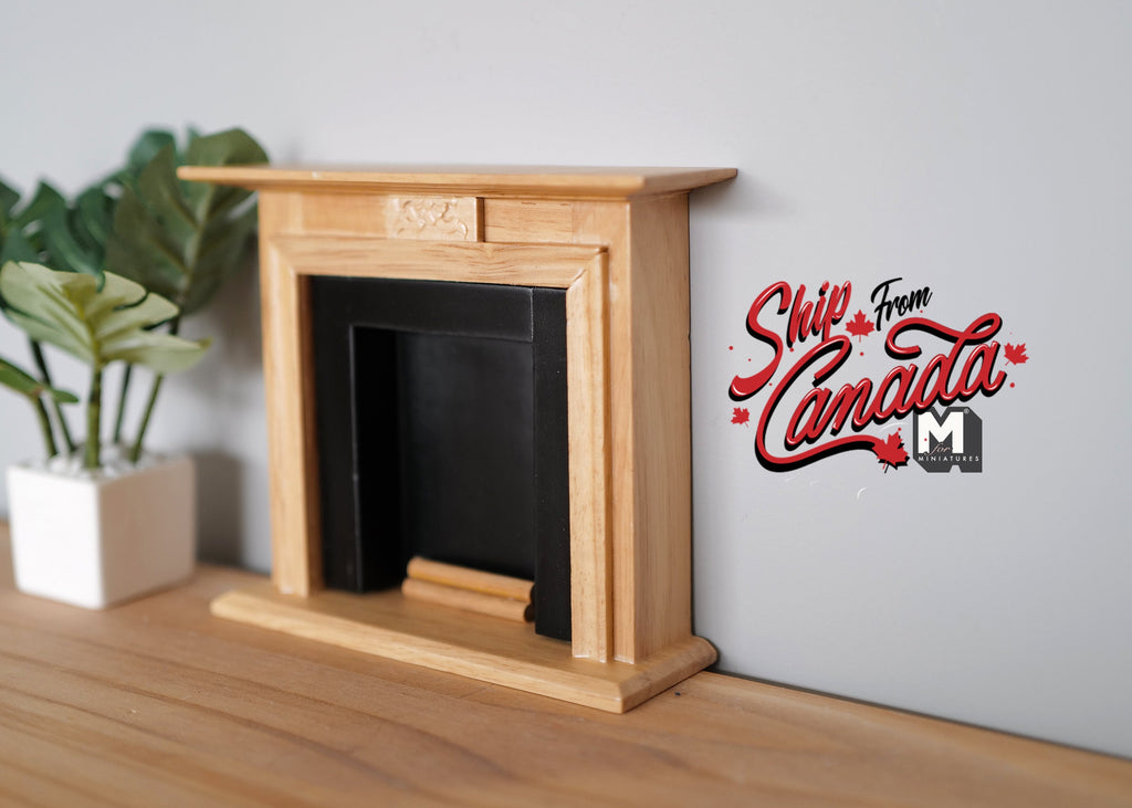 1:12 Scale Miniature Wood Fireplace with Black Firebox and Hearth, 5-5/16 inch wide, DIY Dollhouse Supply (honey)