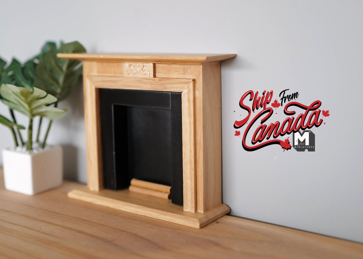 1:12 Scale Miniature Wood Fireplace with Black Firebox and Hearth, 5-5/16 inch wide, DIY Dollhouse Supply (honey)