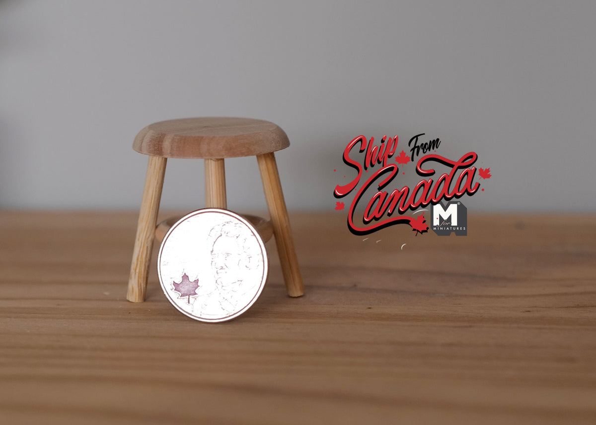 1:12 Scale Miniature Unpainted Wood Round Stool, 3 Legs, 1-1/2 inch tall, DIY Dollhouse Supply