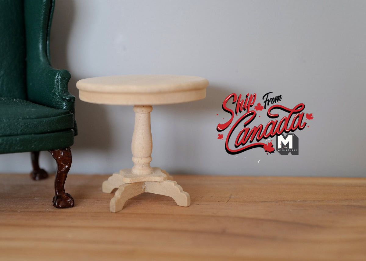 1:12 Scale Miniature Unpainted Wood Round Pedestal End Table, 1-15/16 inch tall, DIY Dollhouse Supply