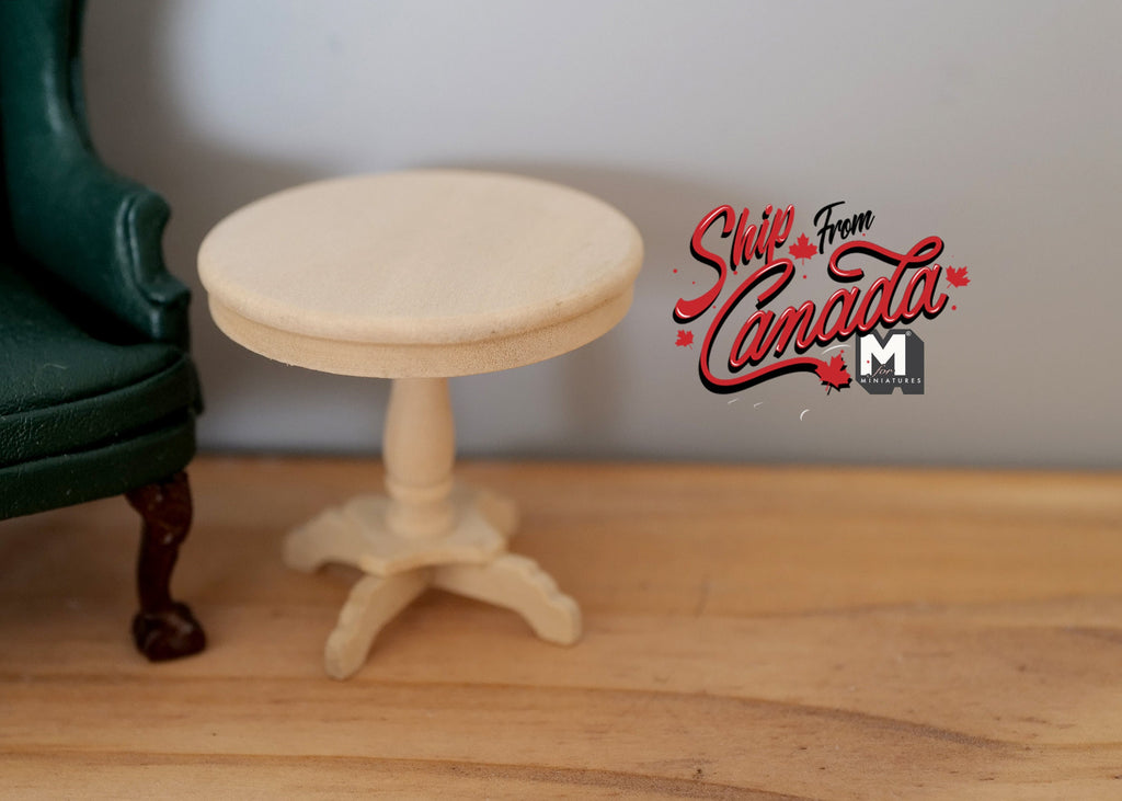 1:12 Scale Miniature Unpainted Wood Round Pedestal End Table, 1-15/16 inch tall, DIY Dollhouse Supply